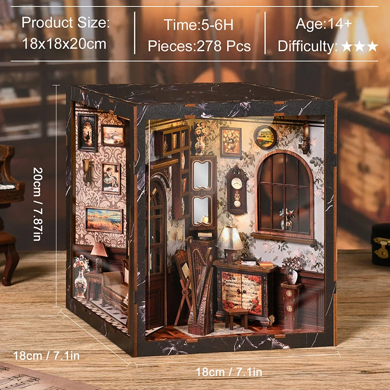A wooden book nook kit featuring detailed miniature scenes and LED lighting, displayed on a wooden surface.