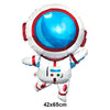 A large foil balloon shaped like an astronaut with a blue helmet and white suit for birthday party decor
