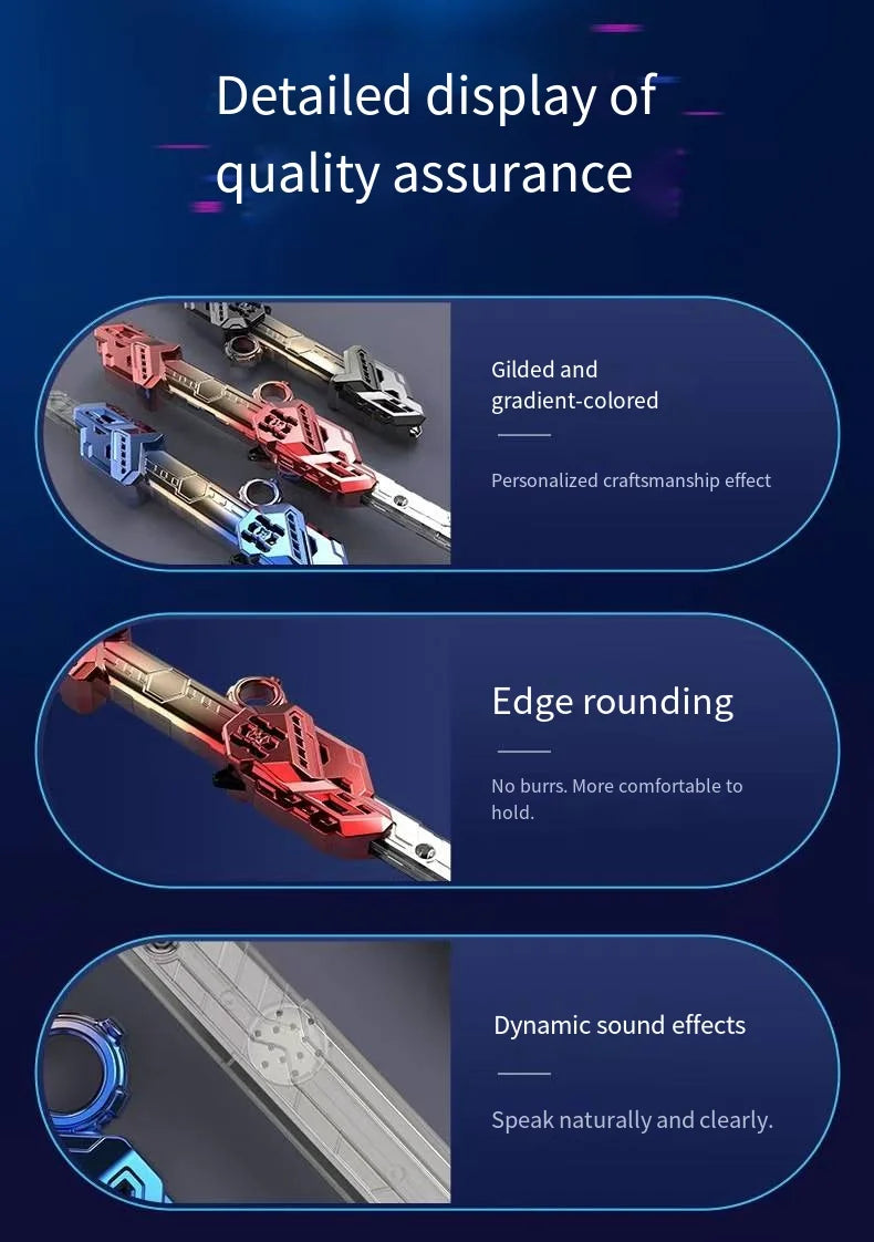 Detailed display of quality assurance showing gilded and gradient-colored swords with edge rounding and dynamic sound effects