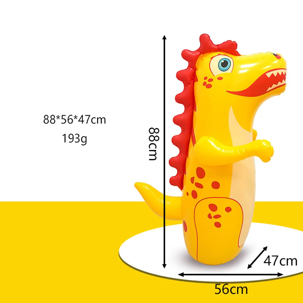 A yellow inflatable dinosaur punching bag with spikes and features dimensions of 88x56x47 cm.