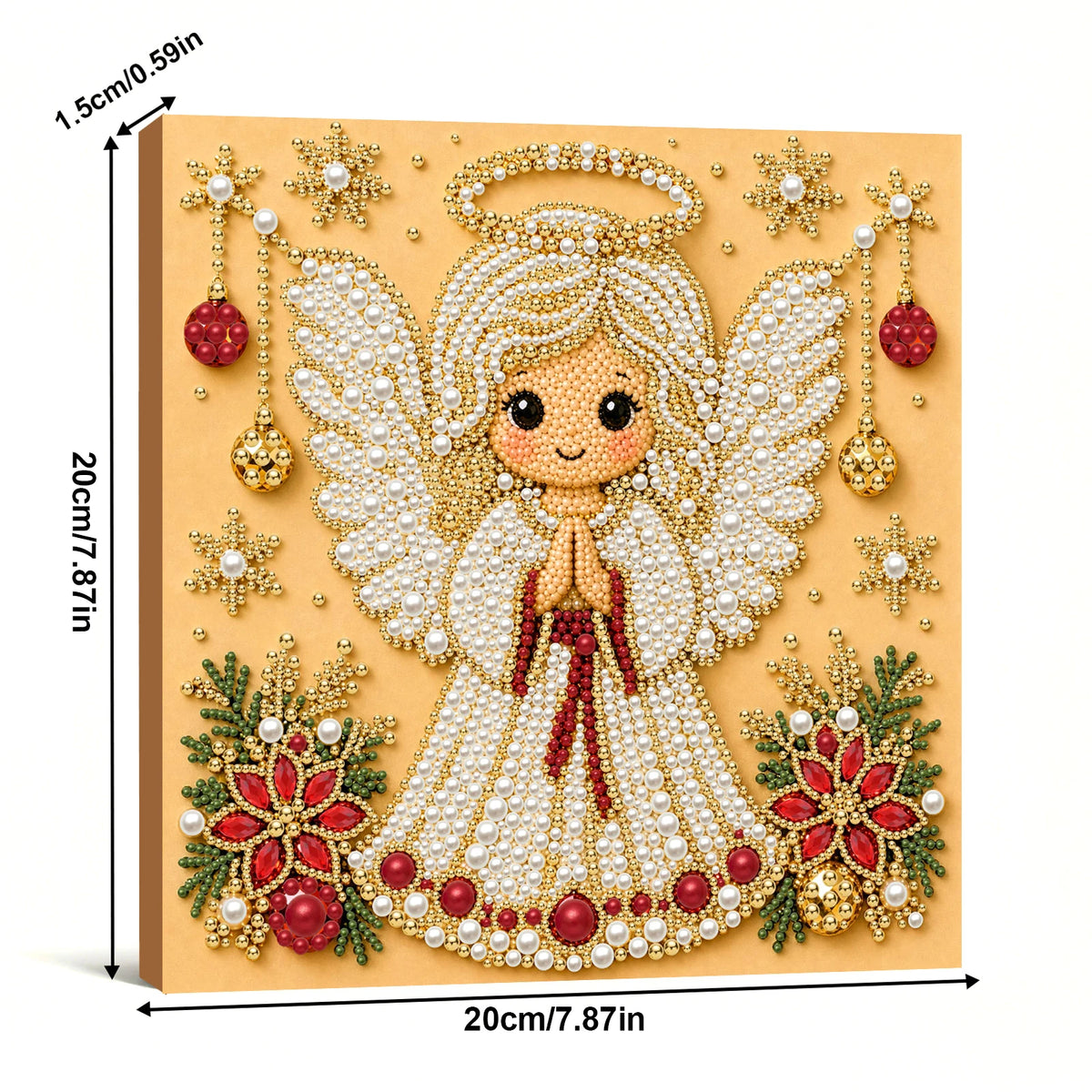Framed pearl and diamond art kit featuring a gold-framed angel with sparkling white feathers and red accents
