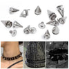 A collection of silver punk cone spike rivets and decorative metal accessories for DIY fashion.