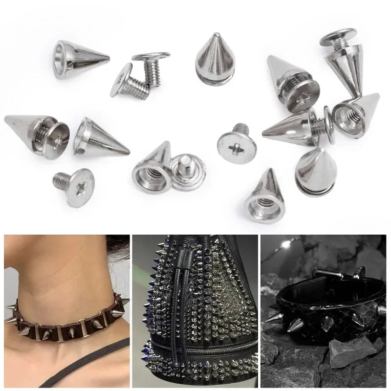 A collection of silver punk cone spike rivets and decorative metal accessories for DIY fashion.