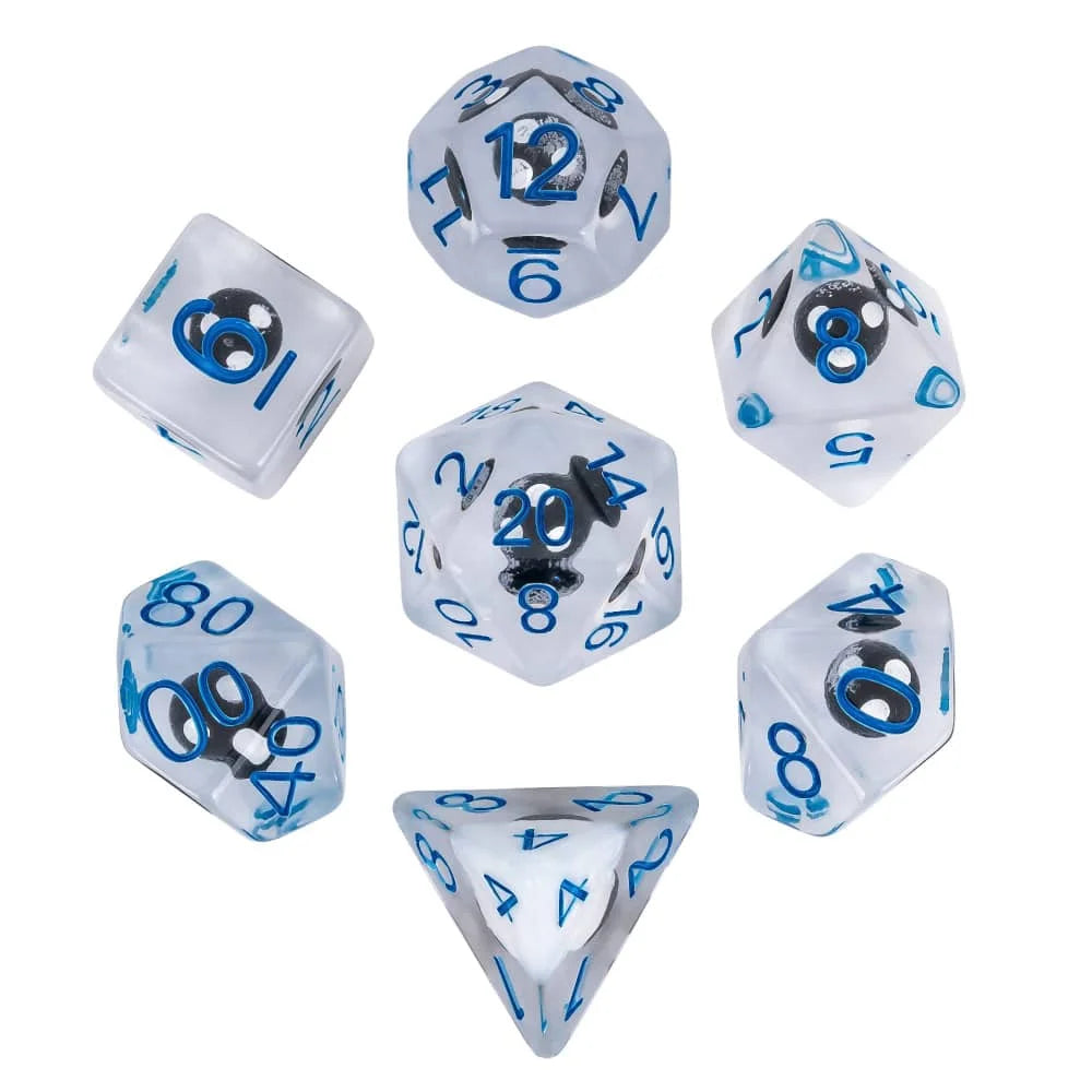 A set of polyhedral dice featuring a mushroom theme, including d6, d8, and d10 dice.