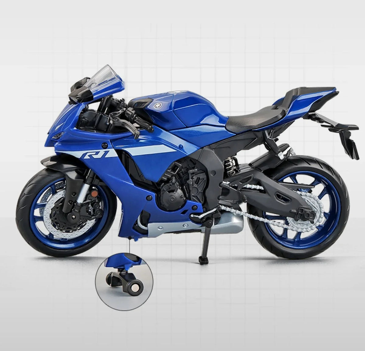 Blue Yamaha YZF-R1M 1:12 scale diecast motorcycle model shown in a studio setting.