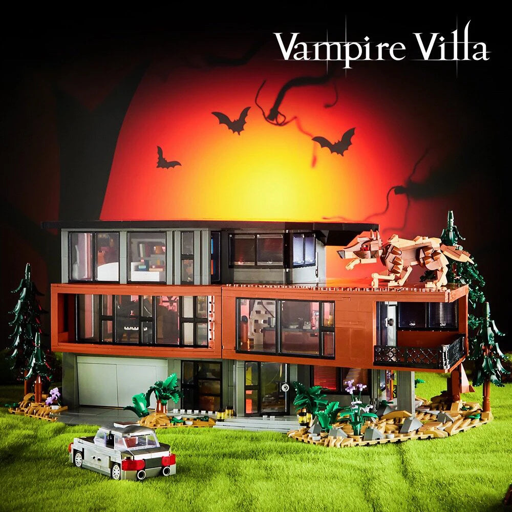 A model of a Vampire Villa building set featuring a modern house, trees, and bats against a dark background.