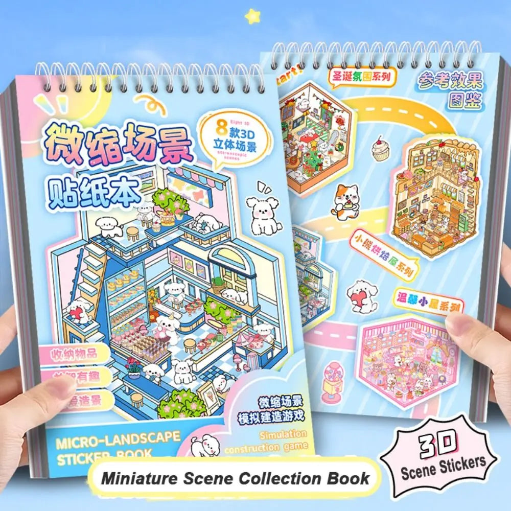 A colorful sticker book featuring miniature 3D scenes of a cabin and various building elements for kids