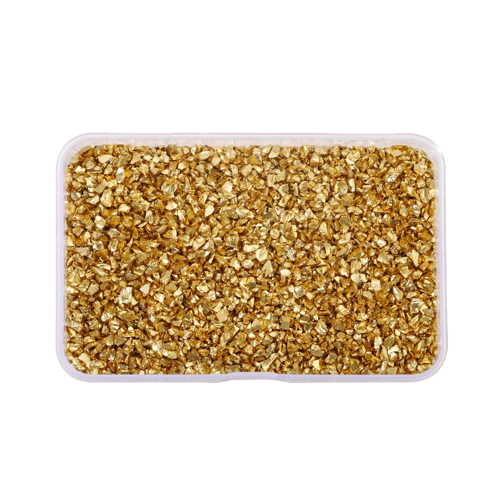 A clear plastic container filled with crushed gold-colored glass stones for resin and craft projects.