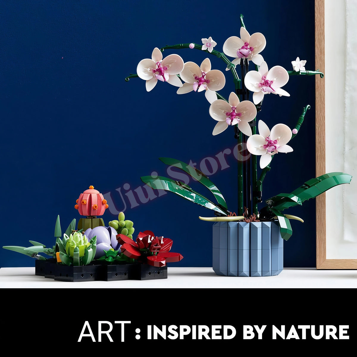 A bouquet of pink and white orchid flowers displayed on a dark blue background.