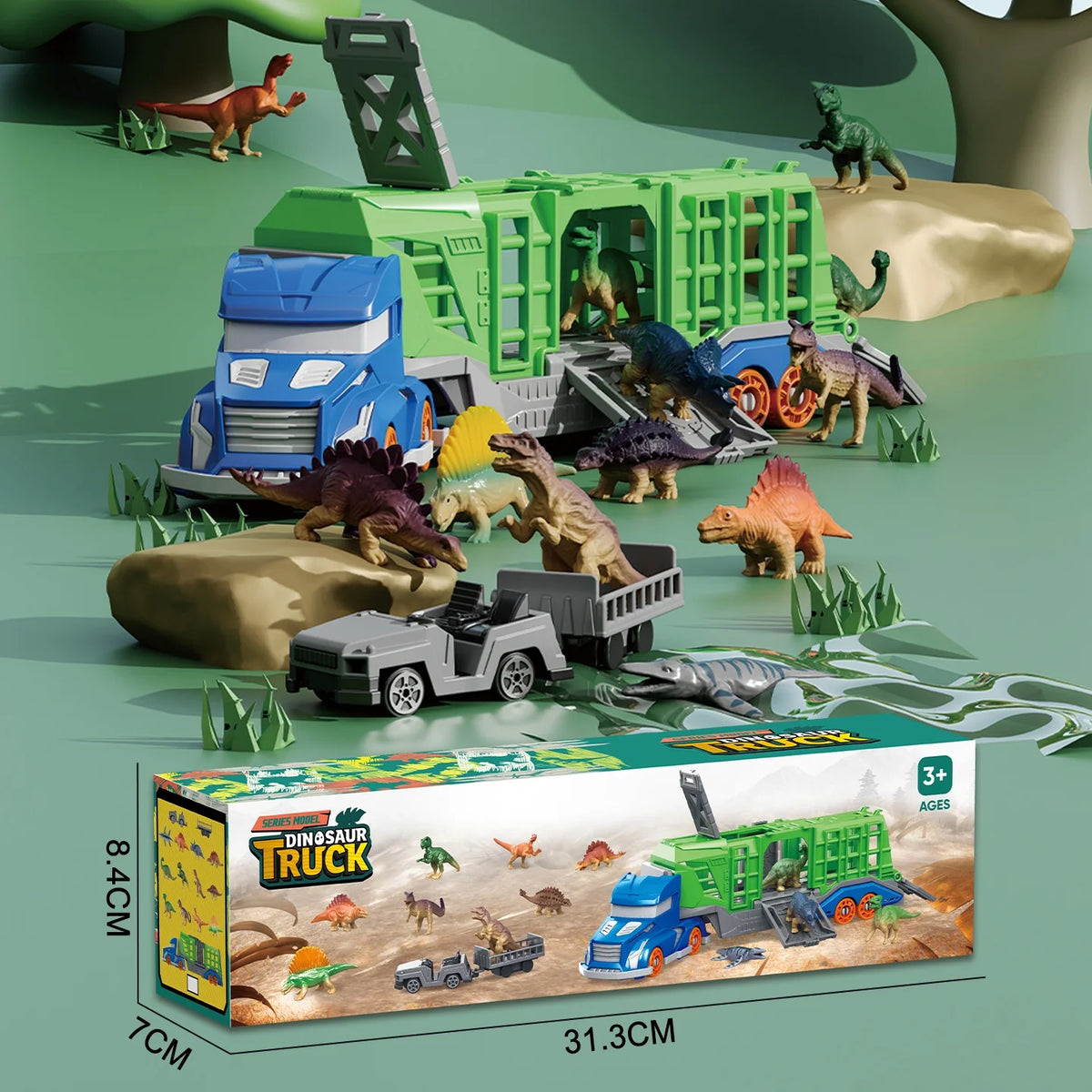 Dinosaur Transport Truck Playset with 12 Figures and 2 Mini Cars