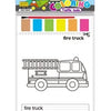 Coloring page for a fire truck featuring a detailed outline of the vehicle.