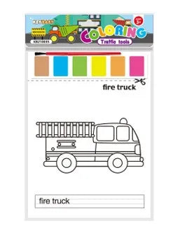 Coloring page for a fire truck featuring a detailed outline of the vehicle.