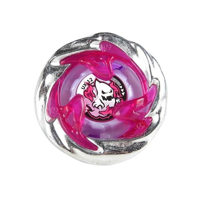 A silver metal spinning top featuring a translucent pink and purple design with a skull motif.