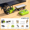 A set of mini RC excavator parts including a vehicle, tools, and accessories for remote control engineering.