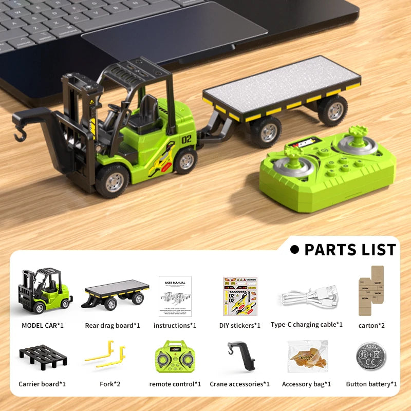A set of mini RC excavator parts including a vehicle, tools, and accessories for remote control engineering.