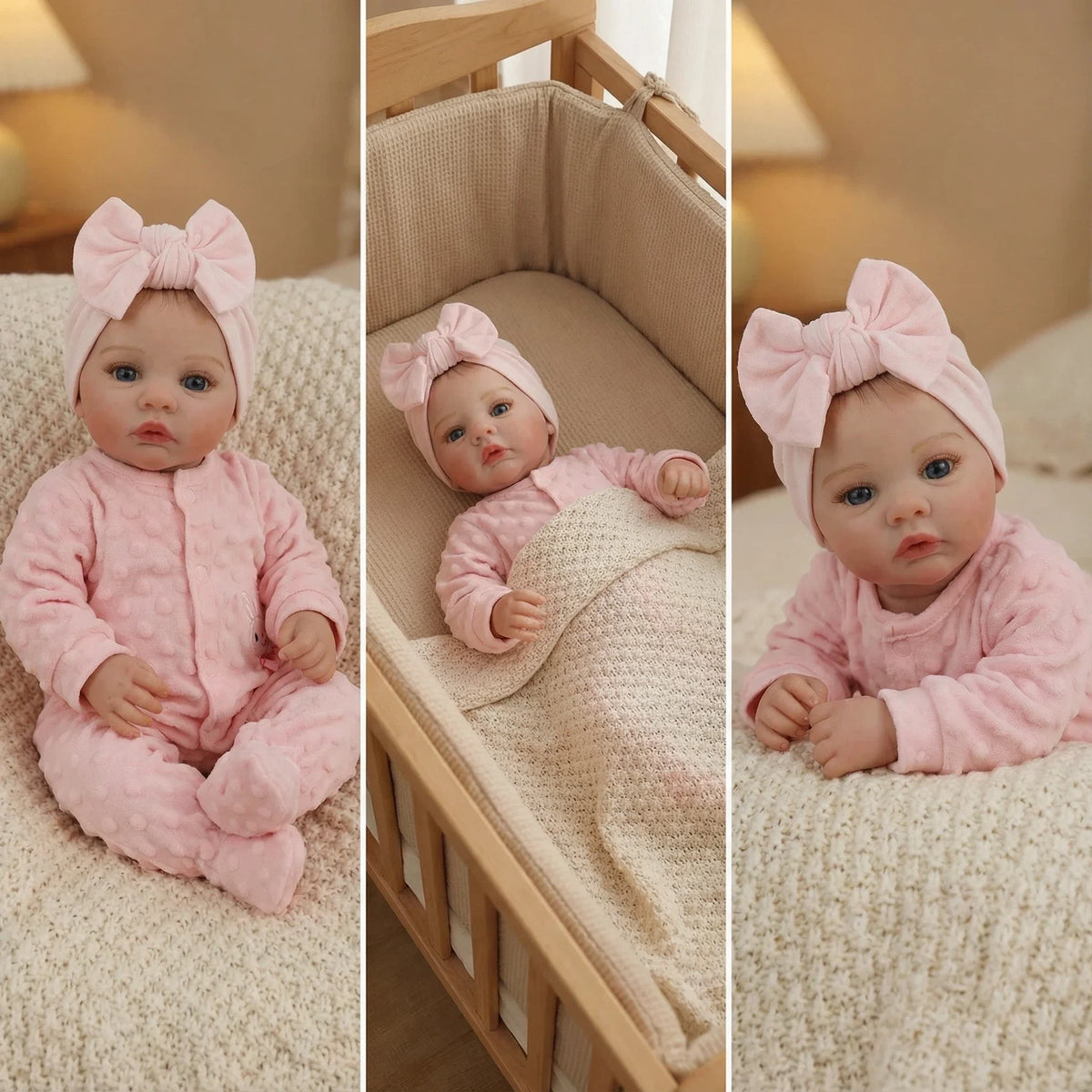 Three photos of a lifelike soft body baby doll in pink attire sitting in a wooden crib