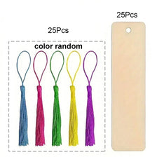 A set of 25 wooden blank bookmarks with random colors and tassels are displayed against a white background.
