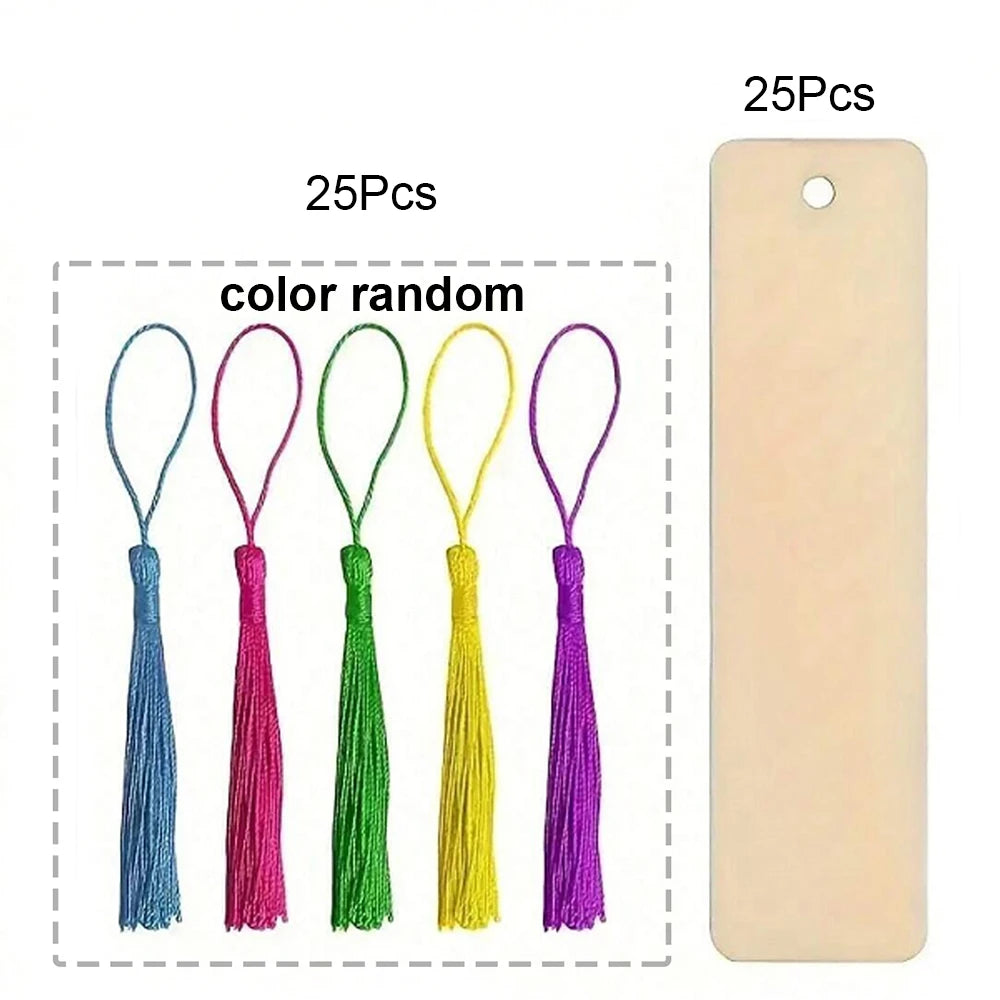 A set of 25 wooden blank bookmarks with random colors and tassels are displayed against a white background.