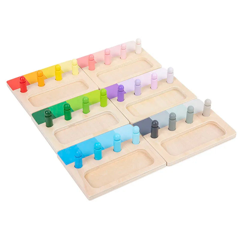 Wooden color matching Montessori toy featuring 24 colored blocks arranged in wooden trays.
