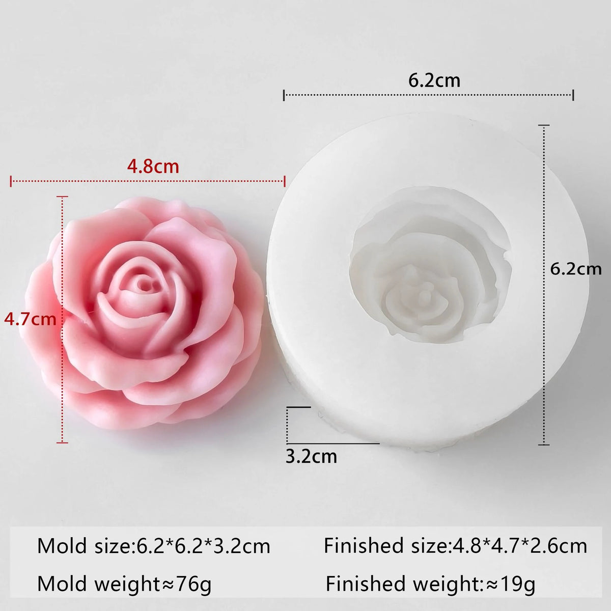 A pink multi-flower silicone mold with a finished size of 4.8x4.7x2.6 cm and a weight of about 19g.