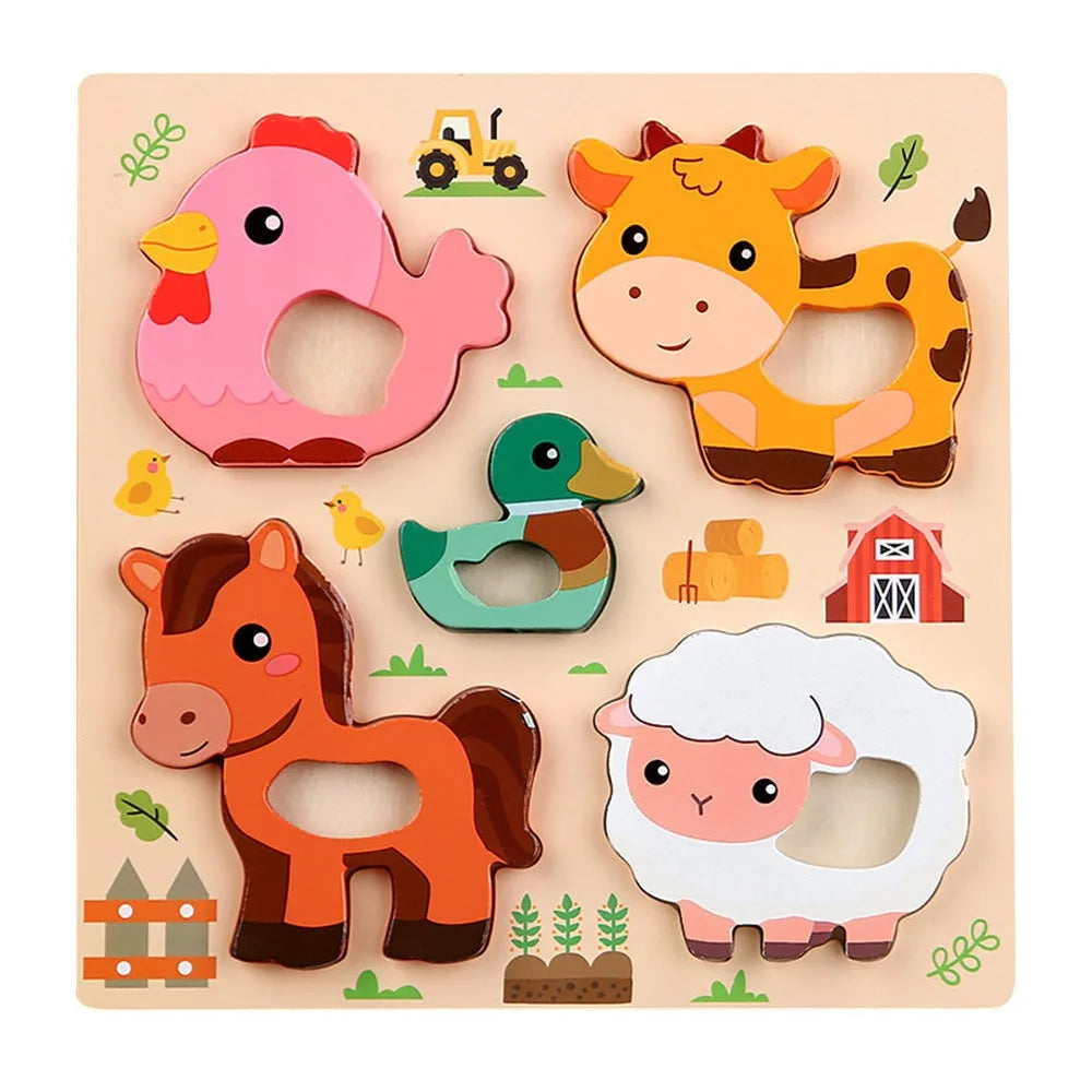 A wooden animal puzzle set featuring a pink duck, an orange calf, a green duck, and a white sheep.