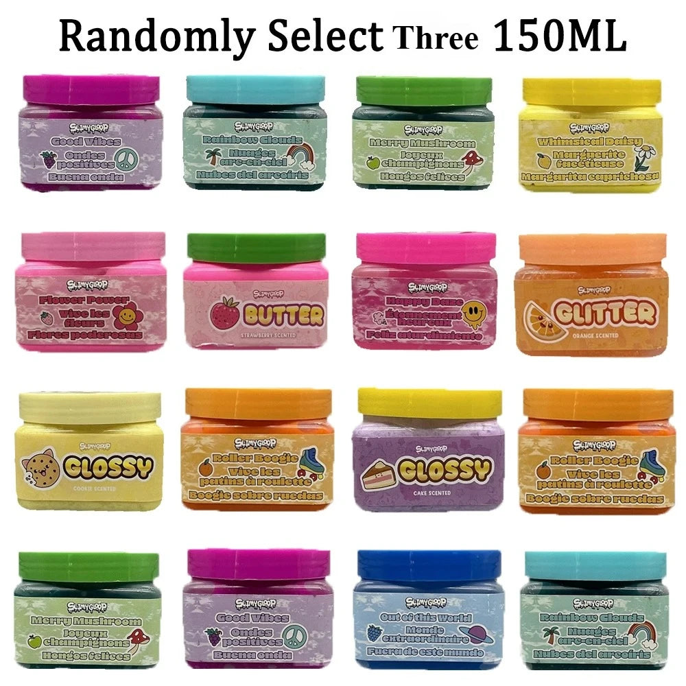 A collection of various 150ml slime products in colorful jars including glitter, butter, and glossy types.