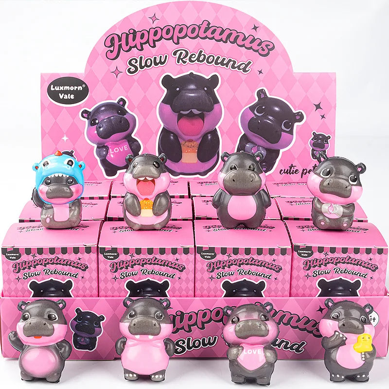 A set of 12 pink and purple hippopotamus squishy stress relief toys in various poses and colors.