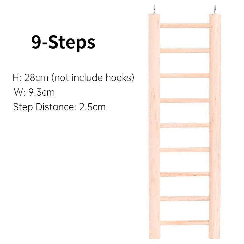 A wooden climbing ladder for birds with nine steps, measuring 28cm high and 9.3cm wide.