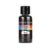 A dark glass bottle of black acrylic paint with a black cap and a label reading Black