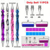 A set of 11 diamond art pens with interchangeable tips and wax, shown in various colors and shapes.