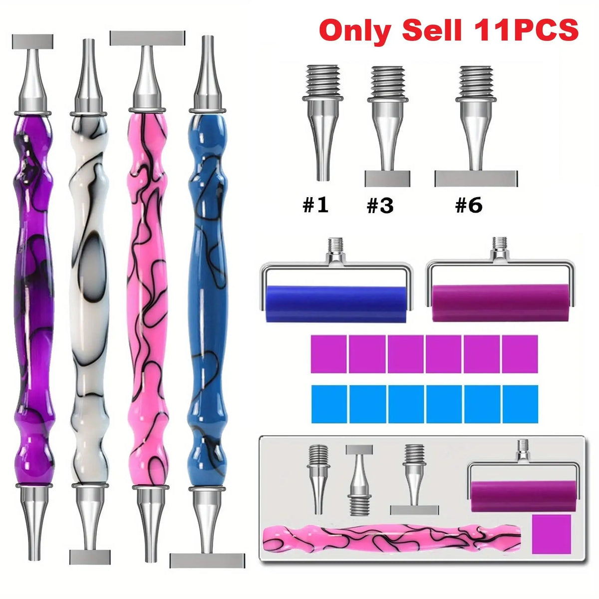 A set of 11 diamond art pens with interchangeable tips and wax, shown in various colors and shapes.