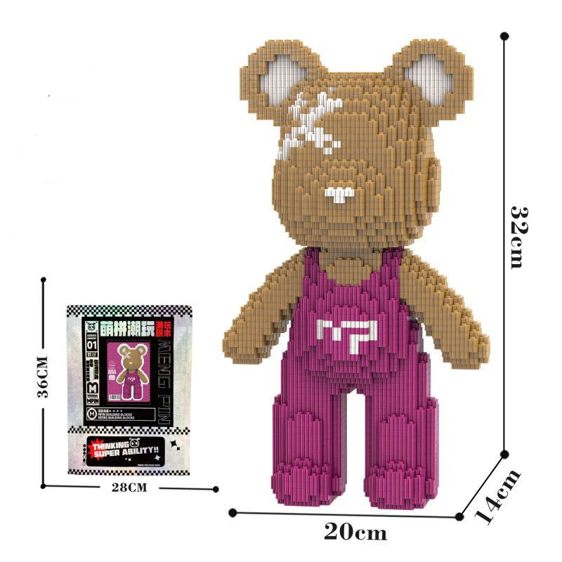 A brown bear figure made of micro building blocks, standing upright, with a pink apron and white markings.