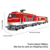 A red vintage steam passenger train building blocks set with yellow accents and black details.