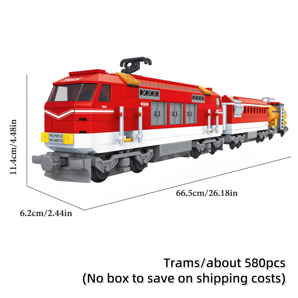 A red vintage steam passenger train building blocks set with yellow accents and black details.