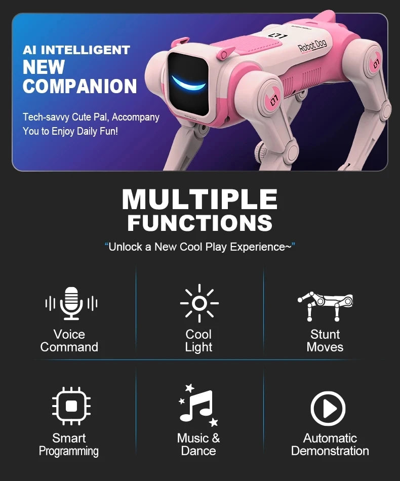 A pink robotic dog companion with a screen, demonstrating multiple functions like voice command, cool light, stunt moves, sma