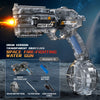 A transparent gray Z-lock drum version of a space fire-fighting water gun with accessories shown against a dark background.