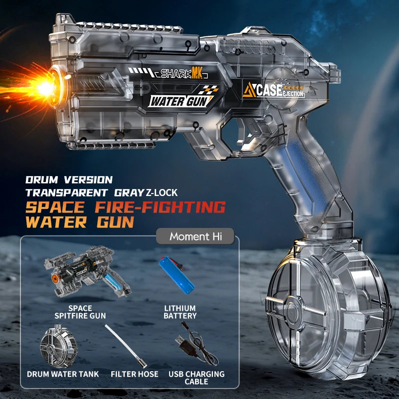 A transparent gray Z-lock drum version of a space fire-fighting water gun with accessories shown against a dark background.