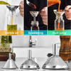 Stainless steel funnel set with three sizes and cleaning brushes shown in various contexts.