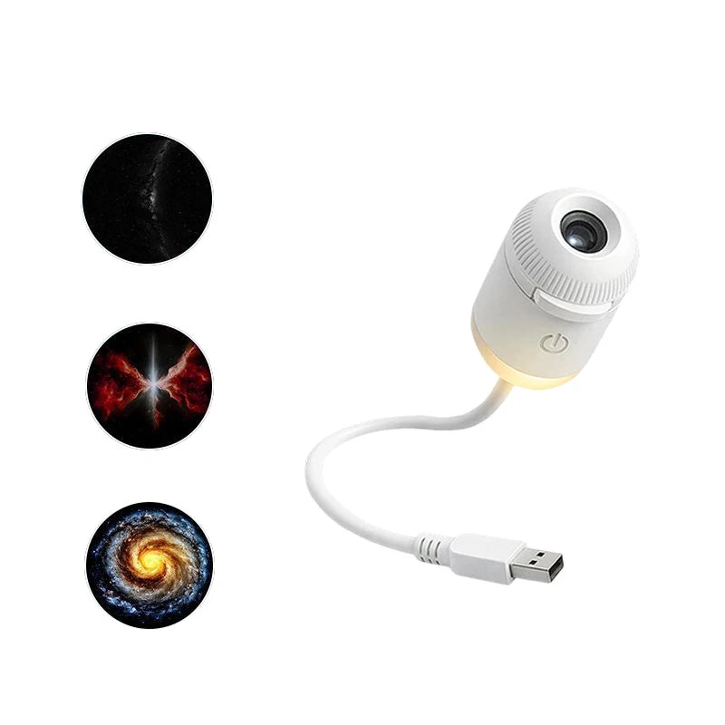 A white projector night light with an interchangeable lens and a flexible cable, shown next to three images of a starry sky.