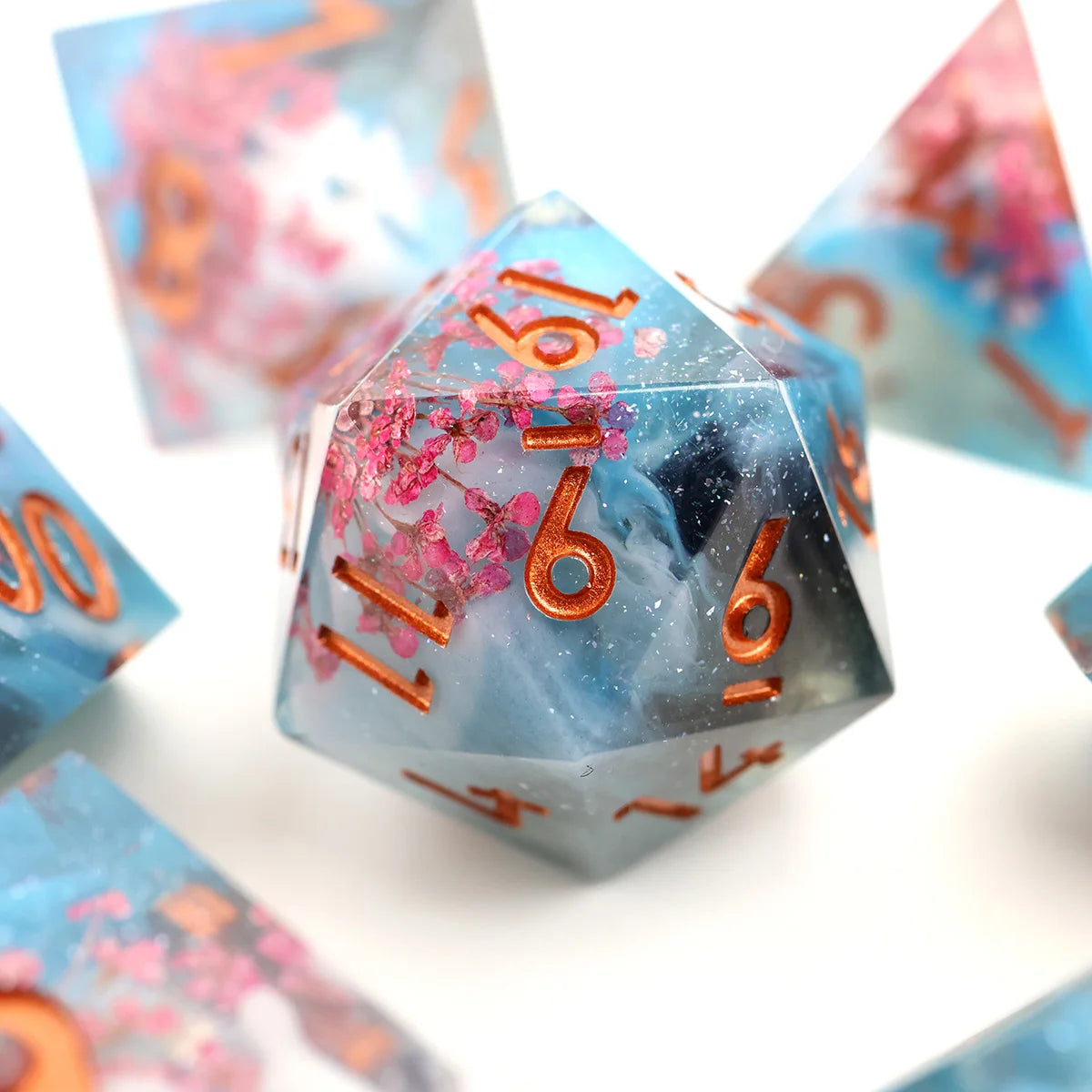 Handmade Resin D&D Dice Set – 7 Polyhedral Dice with Floral Design