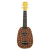 A yellow and black ukulele featuring a body decorated with an orange and brown tropical leaf pattern.