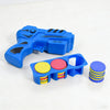A blue soft foam flying disc launcher toy with colored discs and a launching mechanism.