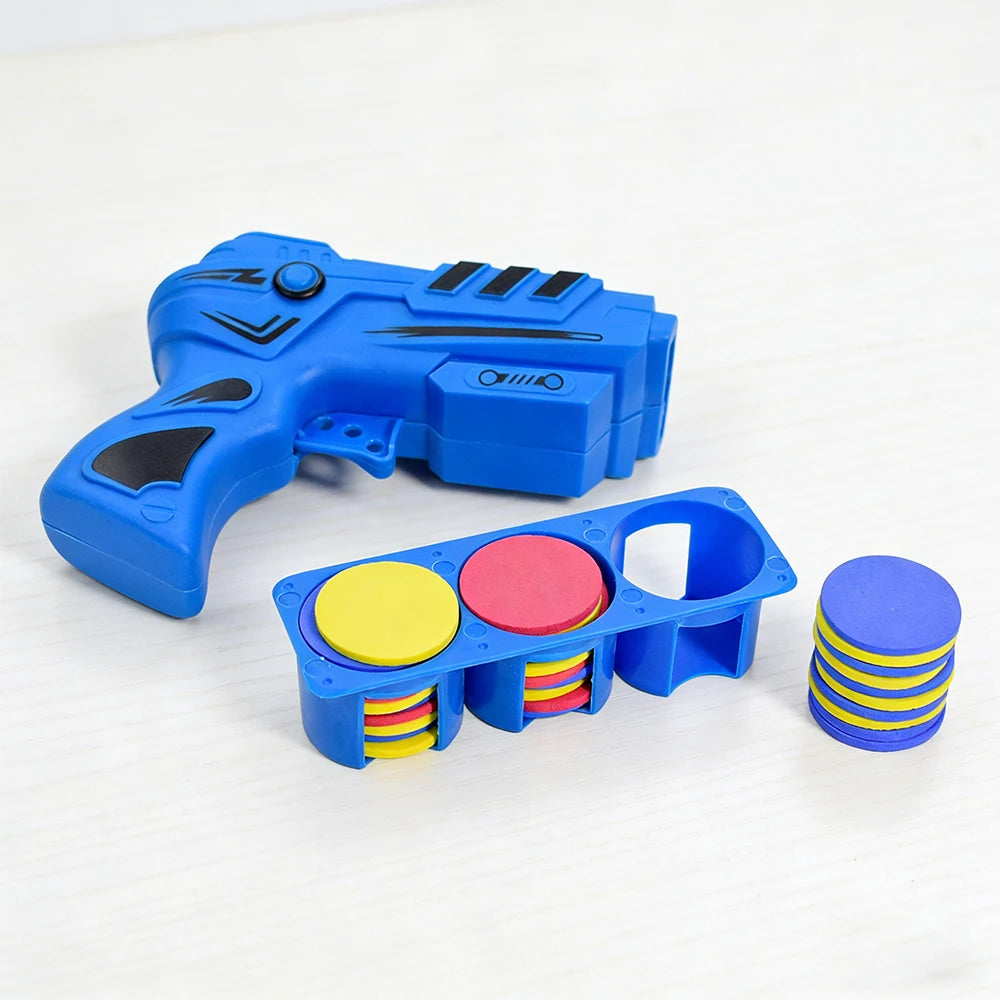 A blue soft foam flying disc launcher toy with colored discs and a launching mechanism.