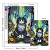 A diamond painting canvas featuring a black cat with white fur and glowing eyes against a vibrant, colorful background.