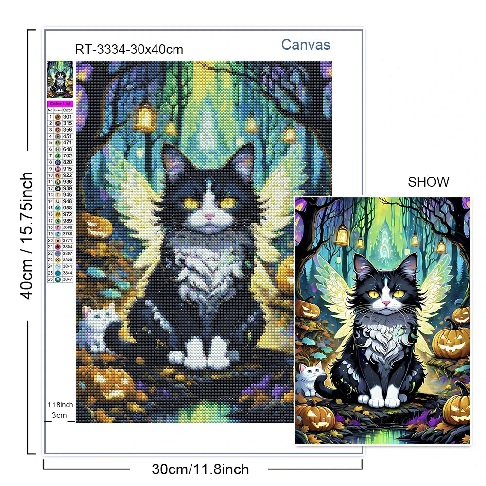A diamond painting canvas featuring a black cat with white fur and glowing eyes against a vibrant, colorful background.