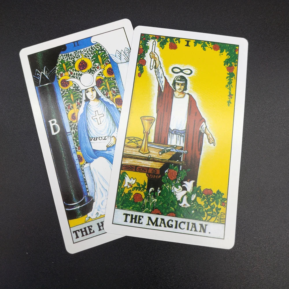 A tarot card titled The Magician featuring a figure raising a staff and holding various tools.
