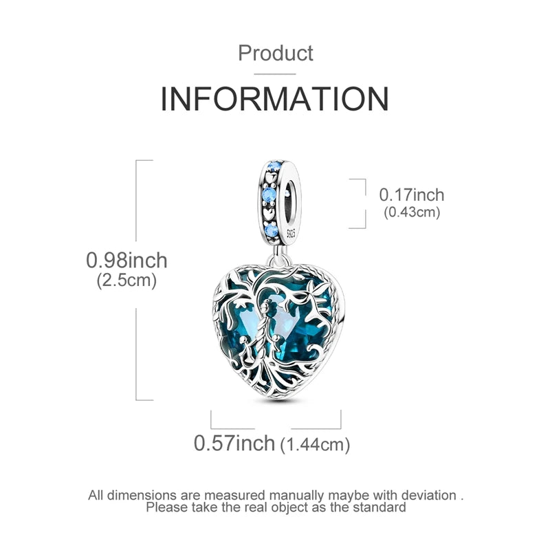 A silver heart charm featuring blue stones and intricate filigree design for bracelets and necklaces.
