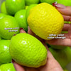 Hands hold a bright yellow lemon stress ball next to a green one, demonstrating a color change.
