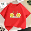 A red t-shirt featuring a graphic design of a bicycle with lemon wheels on a white background.