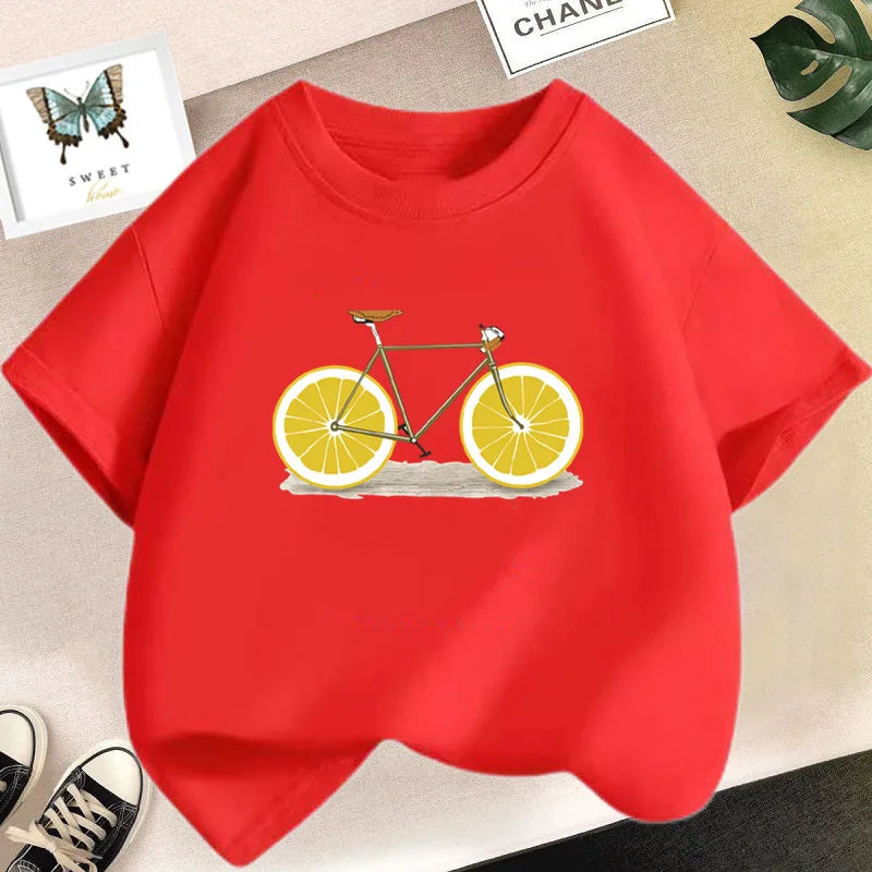 A red t-shirt featuring a graphic design of a bicycle with lemon wheels on a white background.